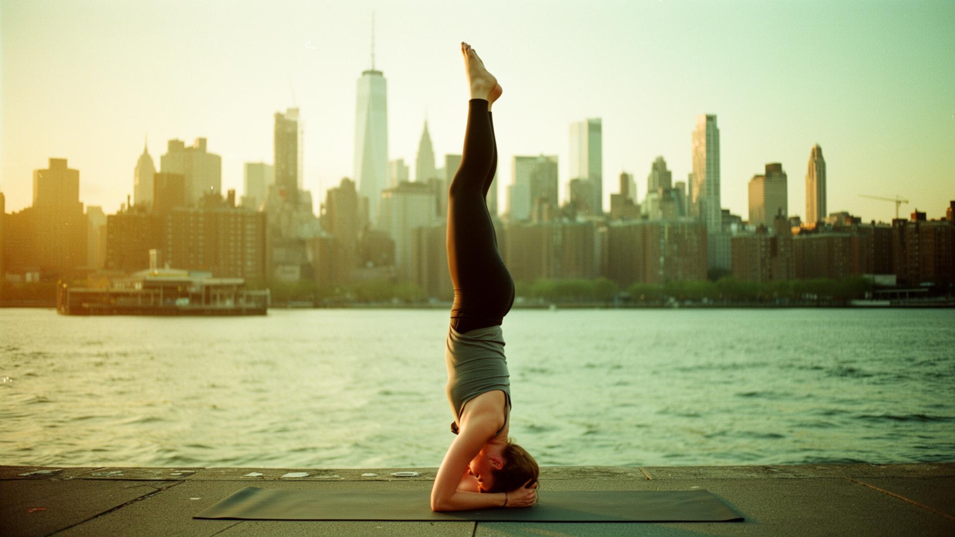 Yoga teacher in headstand on Brooklyn waterfront with Manhattan skyline at sunset