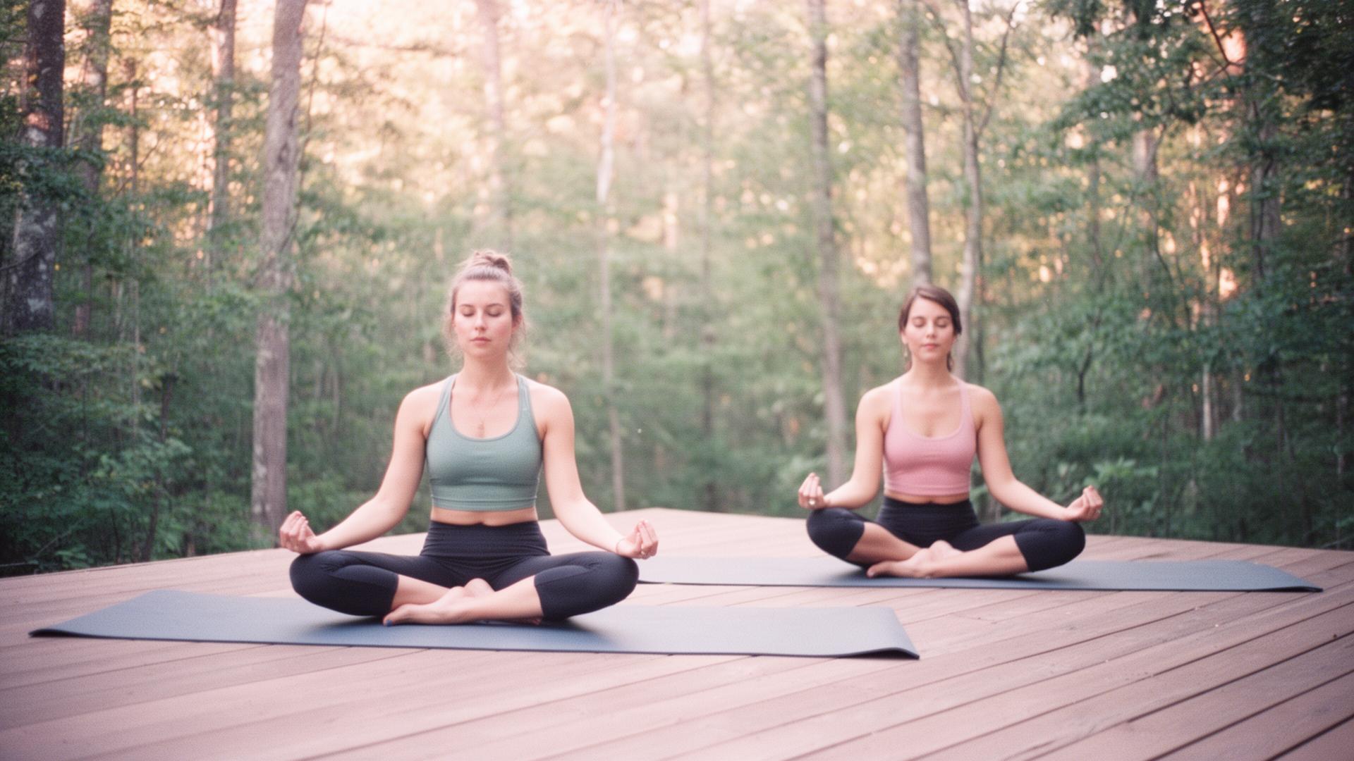 Two practitioners meditating in a forest